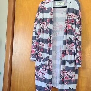 Floral Striped Open-Front Sweater